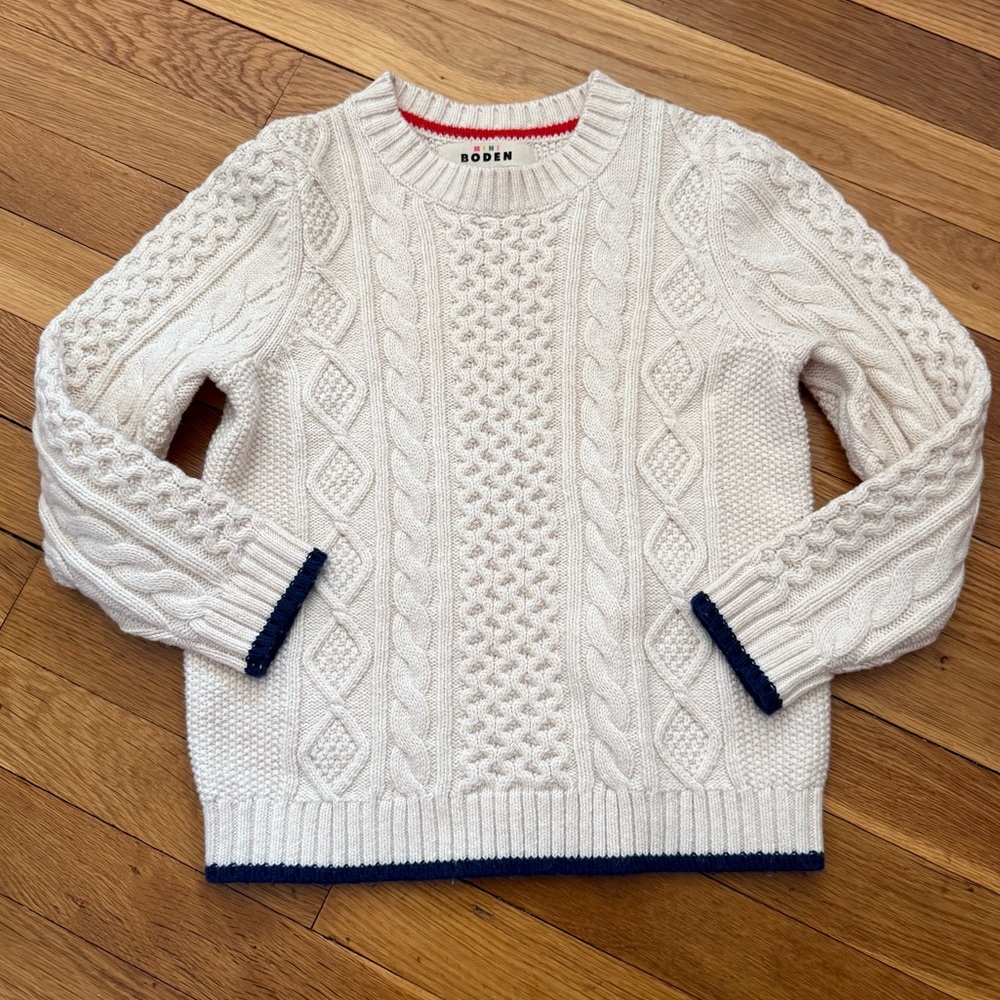 Mini Boden 6-7Y Kids Ecru Heritage Cable Crewneck Sweater